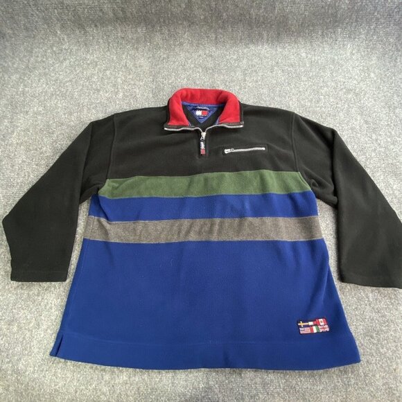 Vtg Tommy Hilfiger Outdoor Mens XL Jacket Striped 1/4 Zip Fleece Spellout Hoodie - Picture 3 of 16
